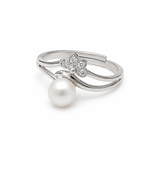 Pearl finger ring with cz flower accent, adjustable, silver