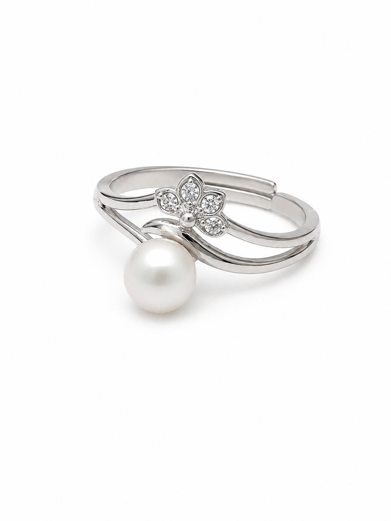 Pearl finger ring with cz flower accent, adjustable, silver