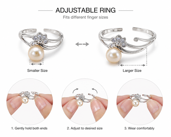 Pearl finger ring with cz flower accent, adjustable, silver 2