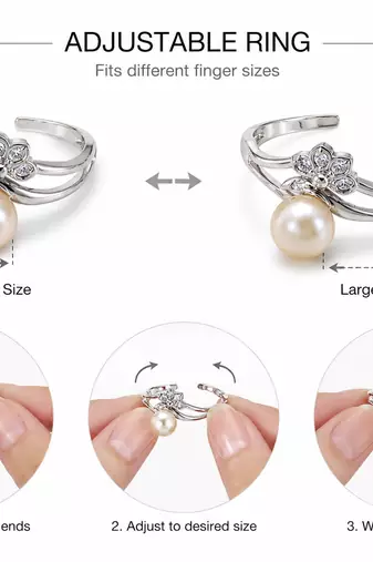Pearl finger ring with cz flower accent, adjustable, silver