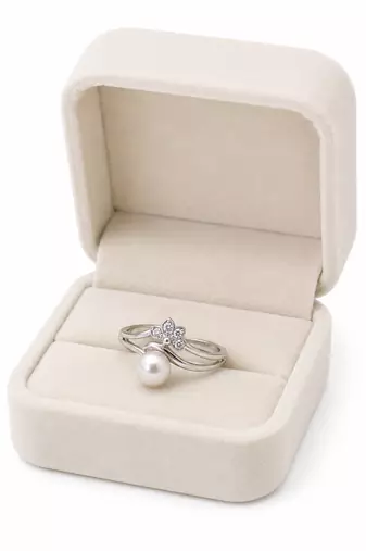 Pearl finger ring with cz flower accent, adjustable, silver