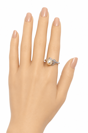 Pearl finger ring with cz accents, silver-tone, adjustable