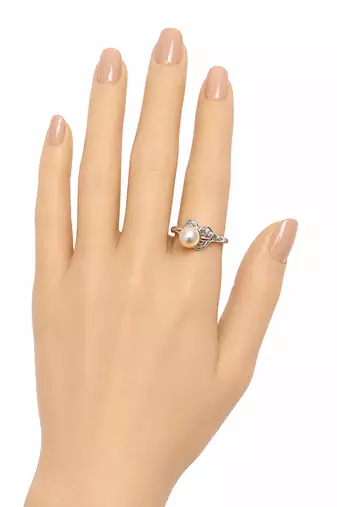 Pearl finger ring with cz accents, silver-tone, adjustable