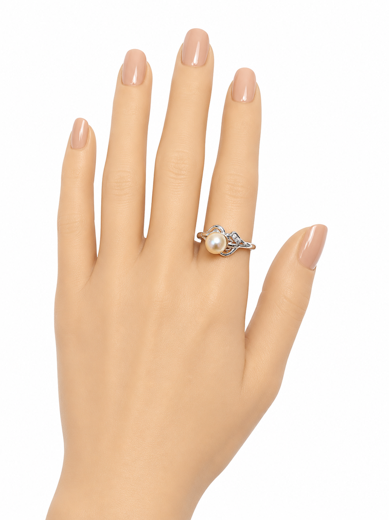 Pearl finger ring with cz accents, silver-tone, adjustable