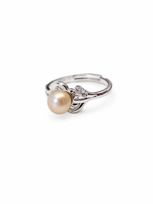 Pearl finger ring with cz accents, silver-tone, adjustable 2