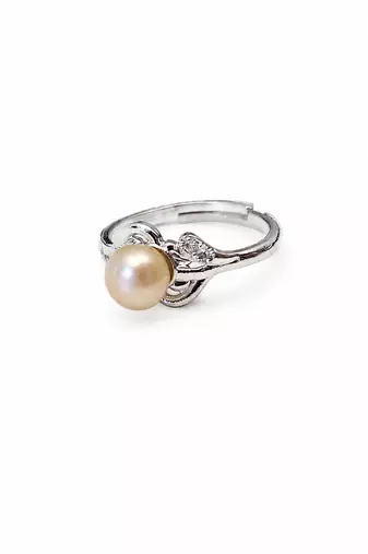 Pearl finger ring with cz accents, silver-tone, adjustable