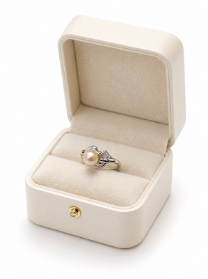 Pearl finger ring with cz accents, silver-tone, adjustable 3