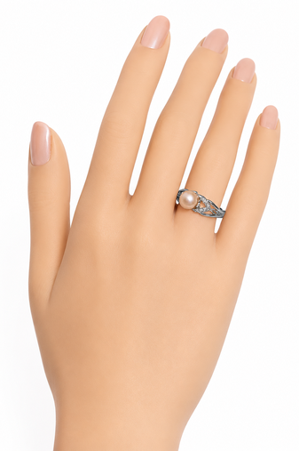 Pearl finger ring with cz accents , silver-tone, adjustable