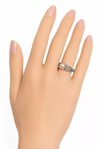 Pearl finger ring with cz accents , silver-tone, adjustable