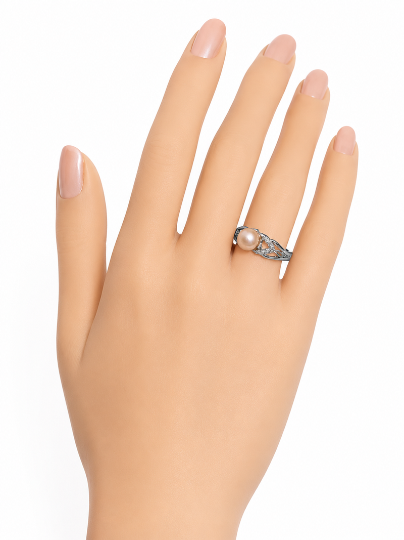 Pearl finger ring with cz accents , silver-tone, adjustable