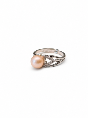 Pearl finger ring with cz accents , silver-tone, adjustable 2