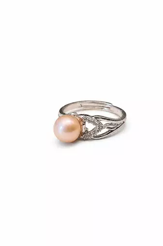 Pearl finger ring with cz accents , silver-tone, adjustable
