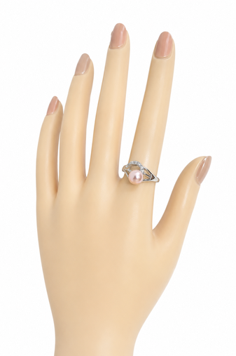 Pearl finger ring with cz accents, silver-tone, adjustable