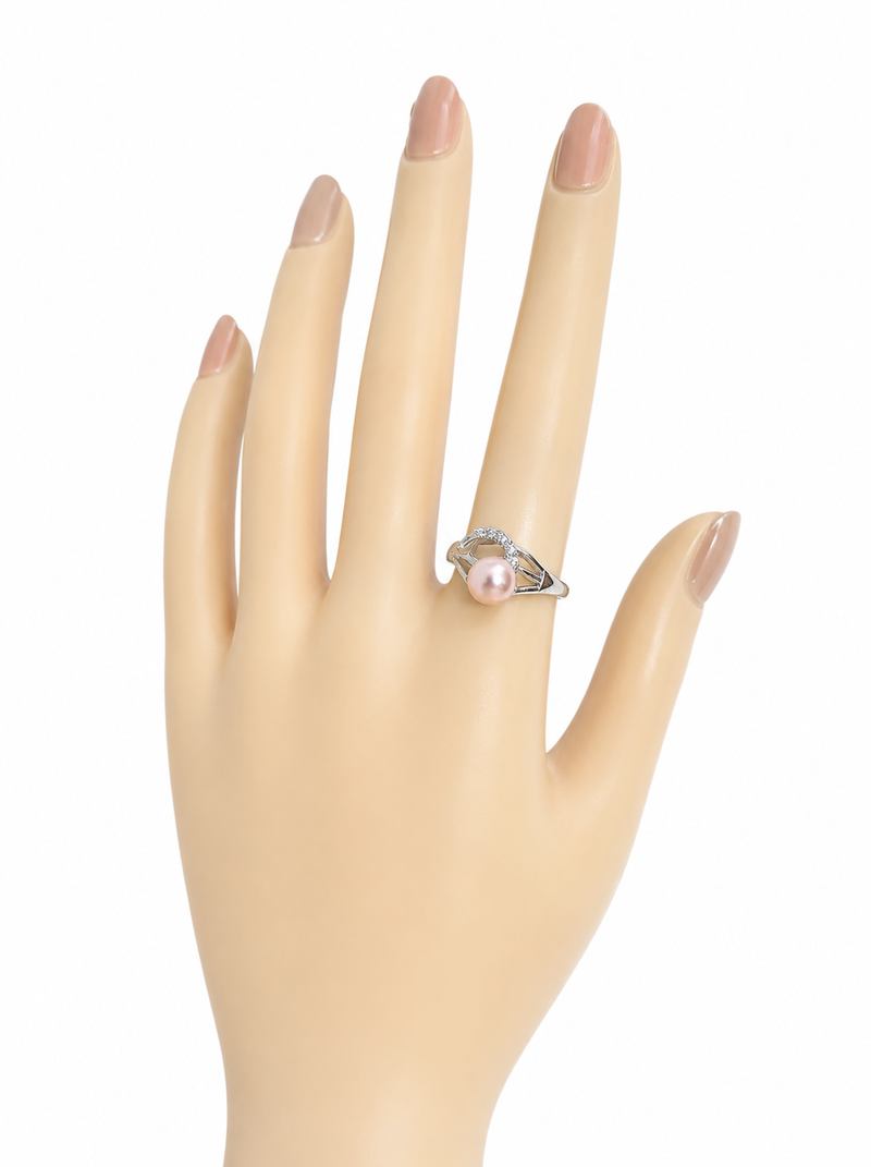 Pearl finger ring with cz accents, silver-tone, adjustable