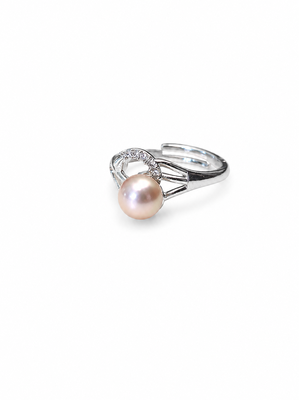 Pearl finger ring with cz accents, silver-tone, adjustable 2