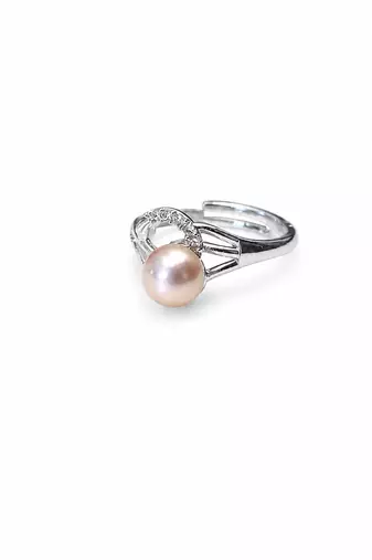 Pearl finger ring with cz accents, silver-tone, adjustable