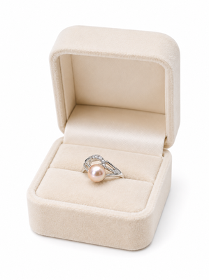 Pearl finger ring with cz accents, silver-tone, adjustable 3