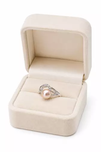 Pearl finger ring with cz accents, silver-tone, adjustable