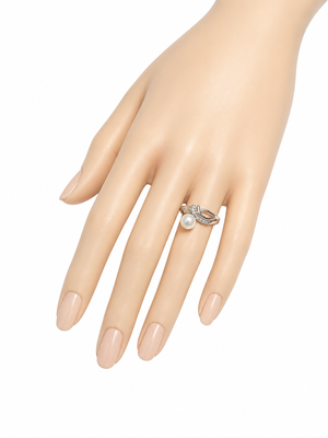 Pearl finger ring with cz stones, silver-tone, adjustable 1