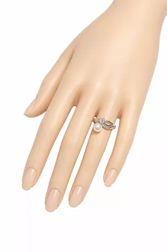 Pearl finger ring with cz stones, silver-tone, adjustable