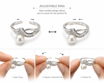 Pearl finger ring with cz stones, silver-tone, adjustable 2