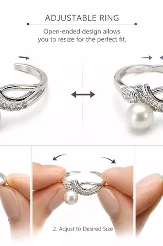 Pearl finger ring with cz stones, silver-tone, adjustable