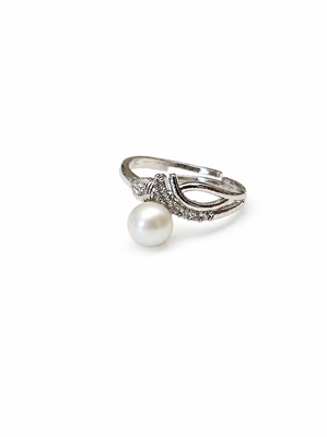 Pearl finger ring with cz stones, silver-tone, adjustable 3