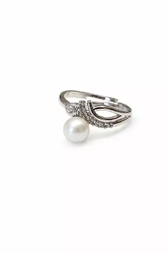 Pearl finger ring with cz stones, silver-tone, adjustable