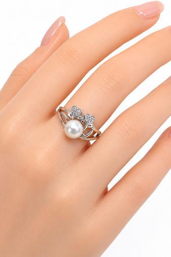 Pearl finger ring with cz heart accents, silver-tone, adjustable