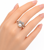 Pearl finger ring with cz heart accents, silver-tone, adjustable