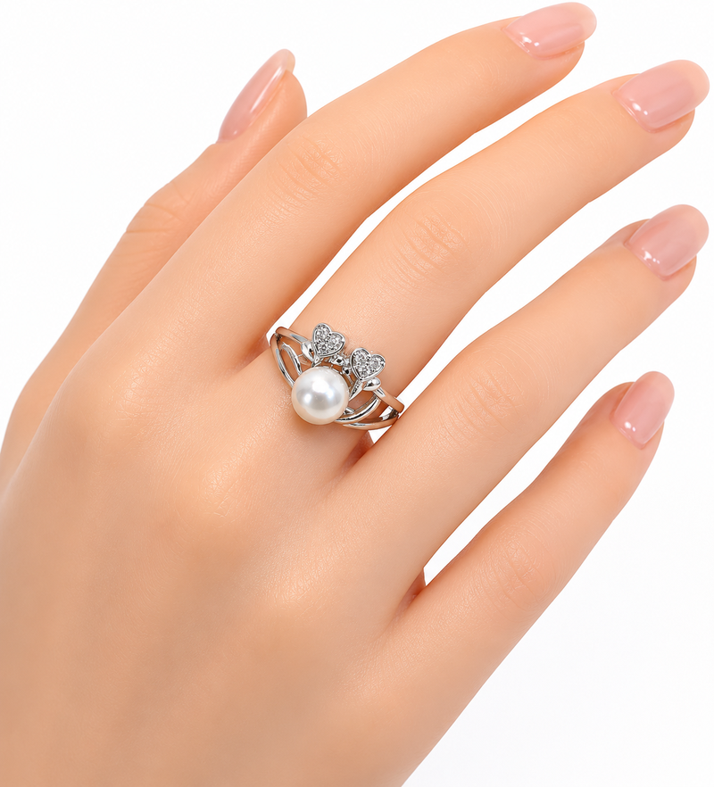 Pearl finger ring with cz heart accents, silver-tone, adjustable
