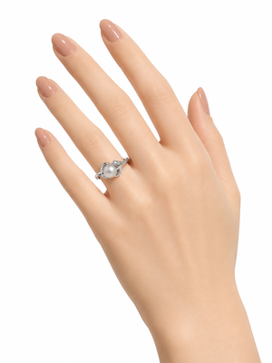 Pearl finger ring with cz accents, silver-tone, adjustable. 1