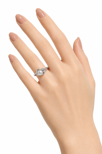 Pearl finger ring with cz accents, silver-tone, adjustable.