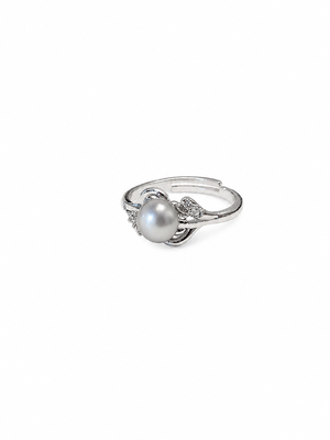 Pearl finger ring with cz accents, silver-tone, adjustable. 3