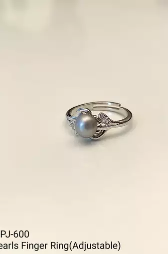 Pearl finger ring with cz accents, silver-tone, adjustable.