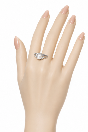 Pearl finger ring for women, silver-tone, adjustable
