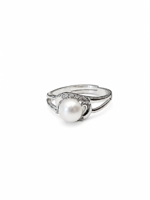 Pearl finger ring for women, silver-tone, adjustable 2