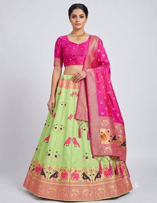 Green Readymade Silk Blend Banarasi Lehenga Choli Set with Dupatta 1