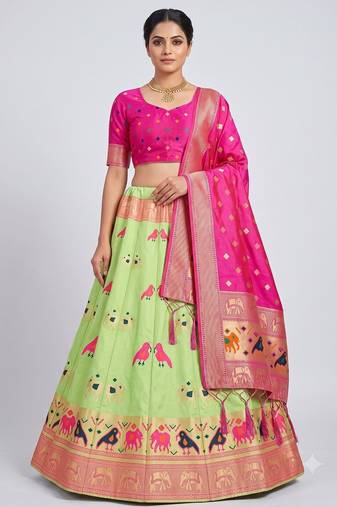 Green Readymade Silk Blend Banarasi Lehenga Choli Set with Dupatta