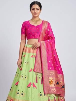 Green Readymade Silk Blend Banarasi Lehenga Choli Set with Dupatta 2