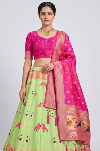 Green Readymade Silk Blend Banarasi Lehenga Choli Set with Dupatta