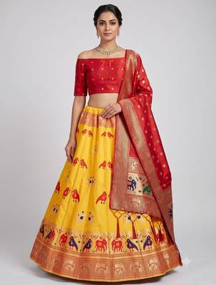 Mustard Readymade Silk Blend Banarasi Lehenga Choli Set with Dupatta 1