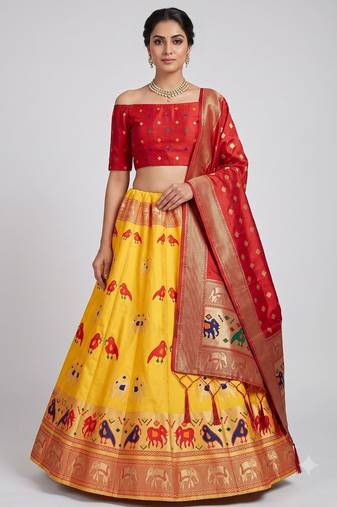 Mustard Readymade Silk Blend Banarasi Lehenga Choli Set with Dupatta