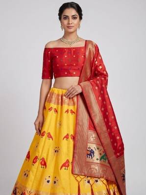 Mustard Readymade Silk Blend Banarasi Lehenga Choli Set with Dupatta 2