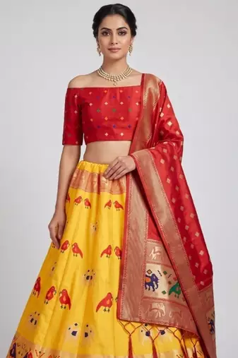 Mustard Readymade Silk Blend Banarasi Lehenga Choli Set with Dupatta