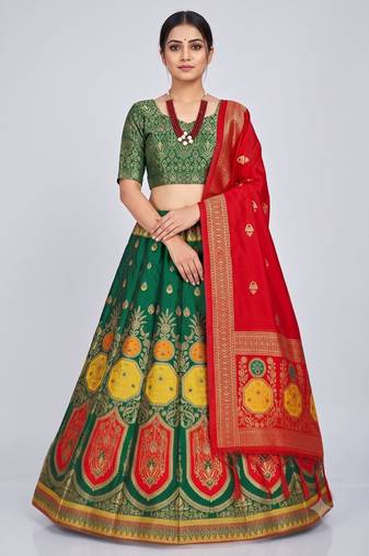 Green Readymade Silk Blend Banarasi Lehenga Choli Set with Dupatta