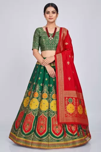 Green Readymade Silk Blend Banarasi Lehenga Choli Set with Dupatta