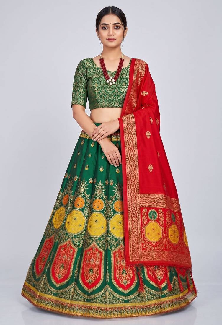 Green Readymade Silk Blend Banarasi Lehenga Choli Set with Dupatta