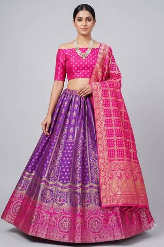 Purple Readymade Silk Blend Banarasi Lehenga Choli Set with Dupatta