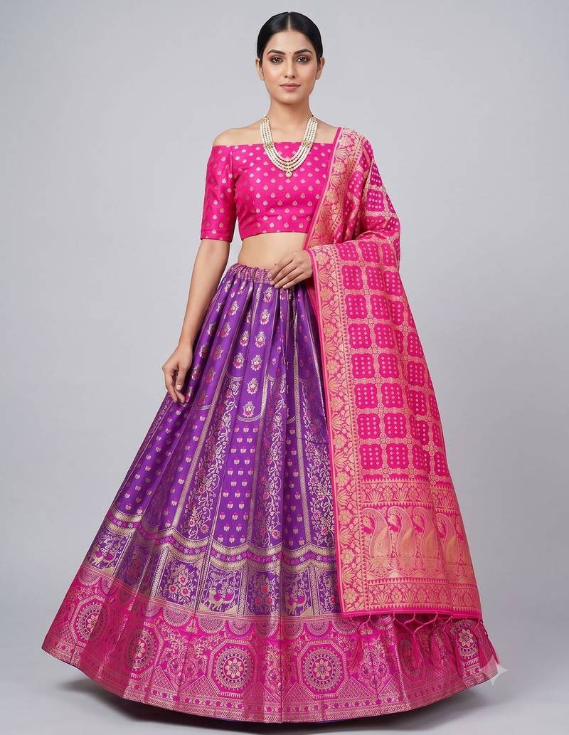 Purple Readymade Silk Blend Banarasi Lehenga Choli Set with Dupatta